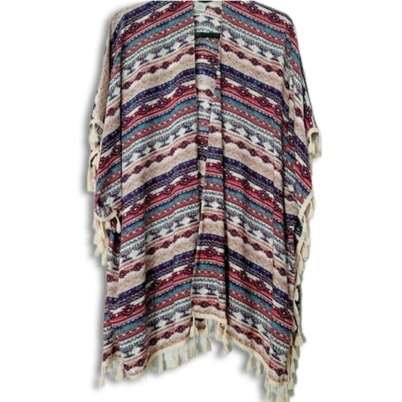 KISMET Light Boho Colorful Patterned Kimono Poncho Fringe Trim Southwestern OS - Picture 2 of 13